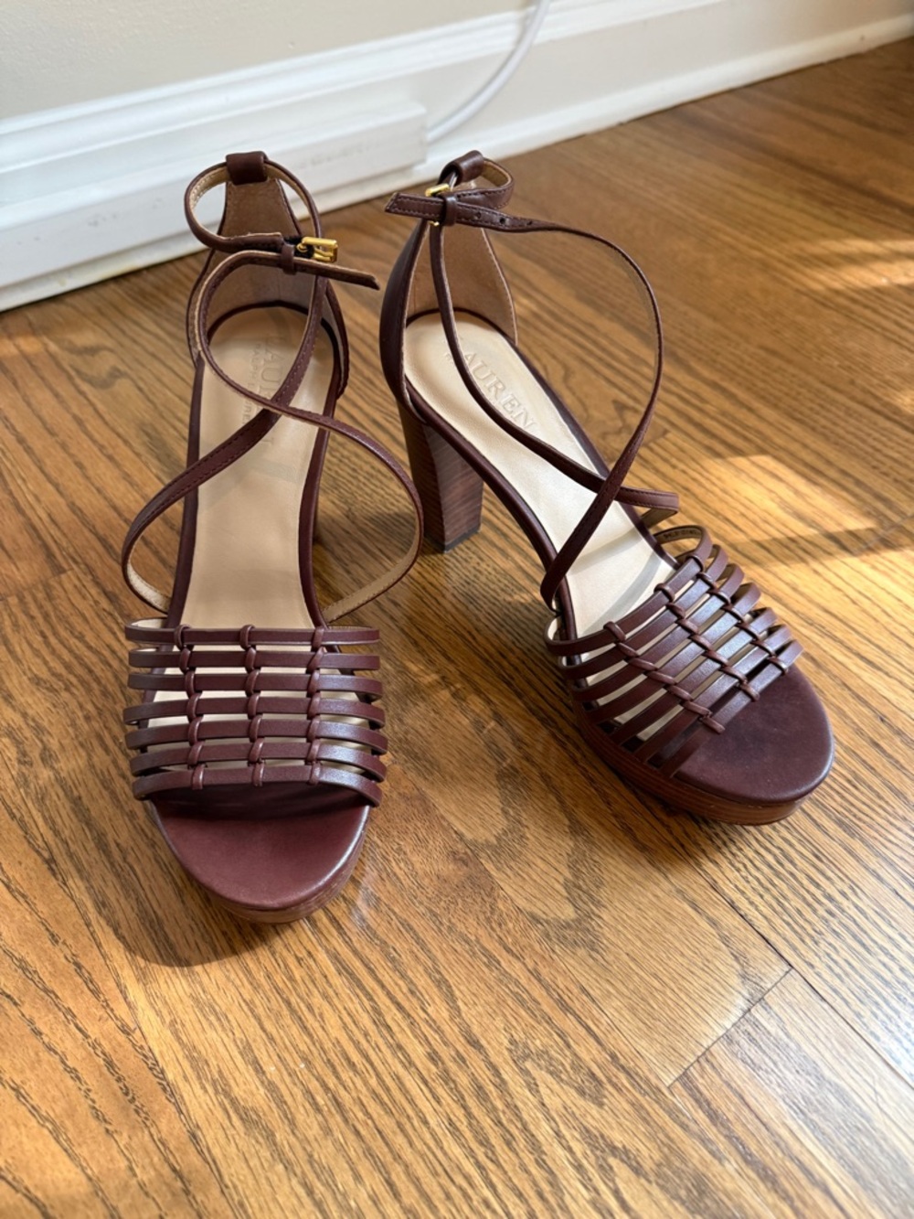 Ralph Lauren Brown Woven Leather Strappy Block Heel Sandals Size 6